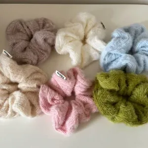 Set of 6 colorful plush knitted hair scrunchies in soft autumn pastel tones