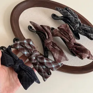 Vintage Plaid Bow Hair Clip For Women Retro Checkered Duckbill Clip High Ponytail Holder Korean Style Elegant Hair Accessories