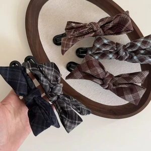 Classic plaid bow hair clips set for high ponytail in various vintage checkered patterns