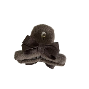 Plush faux fur hair claw clip with brown fabric bowknot for autumn winter hairstyles