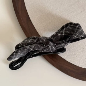 Elegant plaid bow banana hair clip with secure black plastic claw for high ponytail