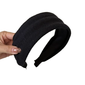 Minimalist wide black wool headband with textured fabric and vintage style for women