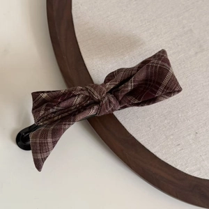 Plaid bow hair clip for high ponytail in vintage dark red and coffee checkered fabric