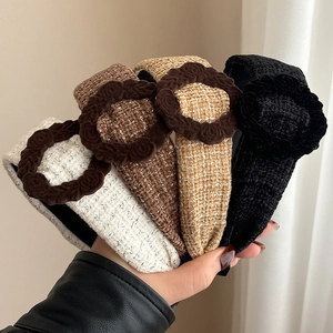 Plaid tweed headband set in four colors with elegant rose embossed circular buckles