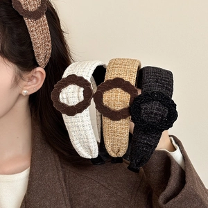 Elegant plaid tweed wide headband with floral detail for women in four classic colors