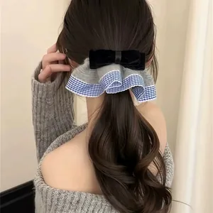 Pince à Cheveux Nœud en Poil de Lapin Style Coréen Fait Main Tricot à Carreaux Pince à Ressort pour Femme Accessoires Cheveux