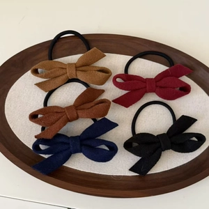 5-pack Korean style wool bow hair ties in coffee, navy, burgundy, and black for women