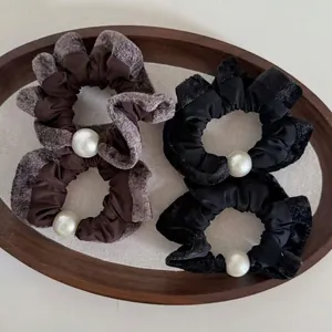 Vintage Velvet Satin Stitching Hair Scrunchie With Large Faux Artificial Pearl Elegant Autumn Winter Hair Tie For Women Hair Accessories