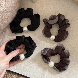 Velvet plush scrunchies set with large pearl accents in black and brown colors