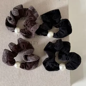 Elegant four-pack velvet scrunchies with pearls in black and brown, French style accessory