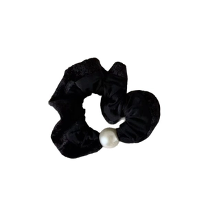 Velvet scrunchie in black with oversized white pearl detail for hair styling