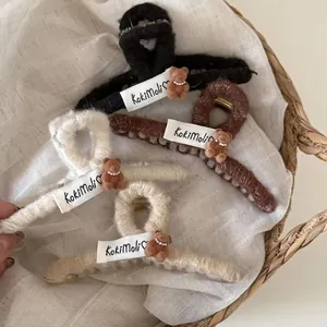 Plush teddy bear claw clips with pearl necklaces in black, coffee, cream, and oatmeal colors