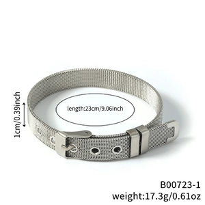 Detail of silver mesh bracelet with adjustable belt buckle showing 1cm width and 23cm length