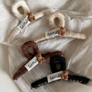 Cute plush bear hair claw clips with pearls and embroidery tags in four neutral colors
