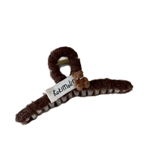 Cute brown plush hair claw clip with a velvet bear and pearl detail for women