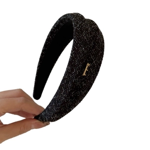 Retro grey tweed headband with gold metal label and wide high top style for women