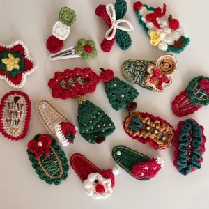 Handmade crochet Christmas hair clips set featuring Santa, tree and gingerbread man