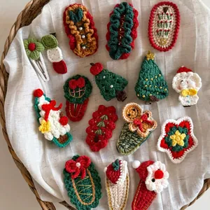 Detailed view of 14 handmade crochet Christmas hair clips featuring trees and stars