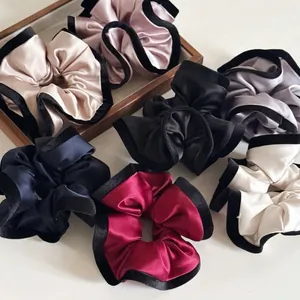 French Style Satin Scrunchies For Women Elegant Color Block Hair Ties Vintage Large Hair Scrunchie With Velvet Edge Luxury Hair Accessories