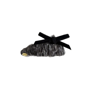 Elegant velvet bow hair clip with grey fuzzy texture and gold Love metal tag