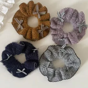 Chouchous Coréens en Fil de Laine Tricoté Avec Nœud Papillon Bordure en Dentelle Accessoires Cheveux Doux pour Femmes