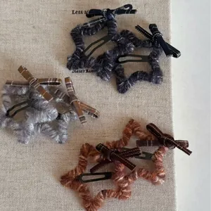 Sweet Korean Plaid Bow Star Knitted Hair Clip Fabric Yarn Wrapped Snap Clip Fashion Fringe BB Clip Hair Jewelry For Women