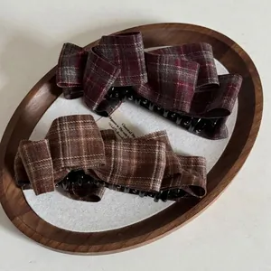 British style large plaid bow banana clips in red and brown check fabric