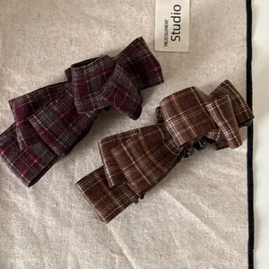 Large Plaid Bow Banana Hair Clip For Women Vertical Ponytail Holder Vintage British Fabric Handmade Hair Accessory Styling Tool