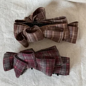 Classic plaid bow banana hair clips in brown and burgundy for elegant ponytails