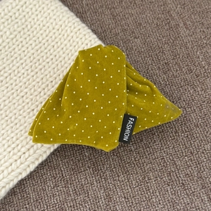 Detail showing mustard green velvet polka dot hair clip with a fashion woven label