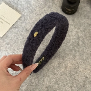 Navy blue lamb wool headband with gold LOVE metal tag for high skull top hairstyle