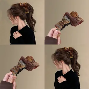 Elegant Tweed Fabric Butterfly Bow Hair Claw Clip Mixed Color Woolen Ponytail Holder Large Non-Slip Hair Accessory For Women