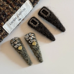 Luxury rhinestone wool hair clip set with handmade gold charms and winter fabric texture