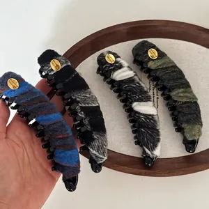 Retro plaid wool felt banana hair clips with gold label for women elegant ponytail
