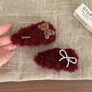 Handmade Wine Red Plush Hair Clips Rhinestone Bow Bear BB Clip Autumn Winter Sweet Fashion Hair Accessories For Women