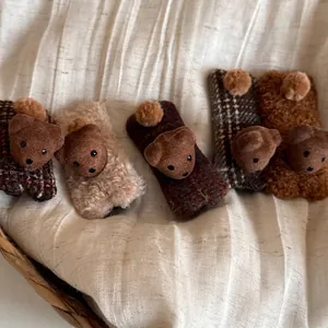 Vintage Cute Plush Bear Hair Clip Plaid Fabric Faux Fur Barrette Kawaii Hair Accessories Side Bangs Clip For Women Girls Jewelry
