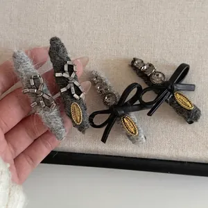Elegant Wool Rhinestone Bow Hair Clip Handmade Alloy Duckbill Clip Fashion Hair Accessory For Women Daily Party Styling
