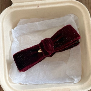 Sparkling burgundy velvet bow banana clip for high ponytail with gold metal accent