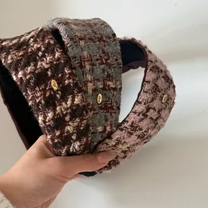 Retro woolen tweed headband with braided texture and gold Love buckle for autumn