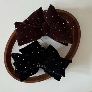 Vintage velvet bow hair claw clips with rhinestones in black and brown colors