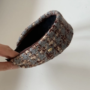 French vintage wide tweed headband in brown mix with a golden 'Love' metal detail