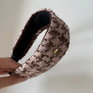 Pink and brown herringbone wool headband with a gold Love metal buckle for women