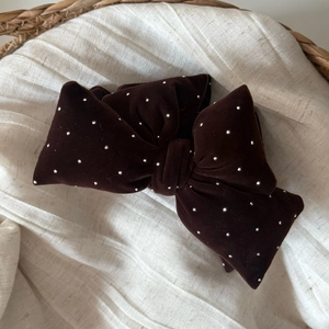Elegant dark brown velvet bow hair claw with sparkling silver rhinestones for women