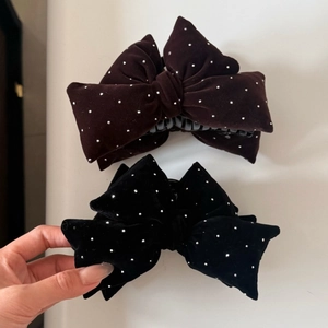 Vintage velvet bow hair claw clip with rhinestones for women, available in black and brown