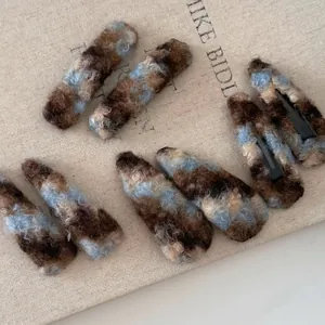 Pince à Cheveux en Laine d'Agneau Automne Hiver Style Coréen Bleu Gris Motif Marbre Pince BB Géométrique Accessoire Cheveux