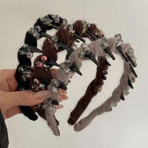 Three vintage wool knitted crystal headbands in black and brown with non-slip tooth combs