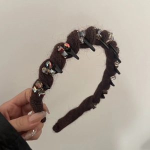 Brown wool headband with gothic black spikes and sparkling crystals for women