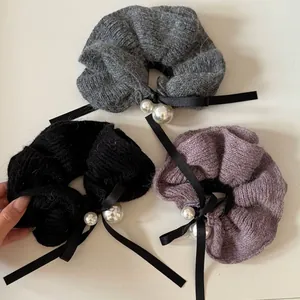Vintage Knit Scrunchie With Satin Bow And Faux Artificial Pearl Elastic Hair Tie For Women Autumn Winter Fashion Hair Accessories