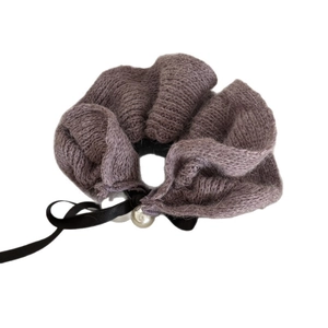 Knitted oversized scrunchie in dusty purple with black bow and pearl accent