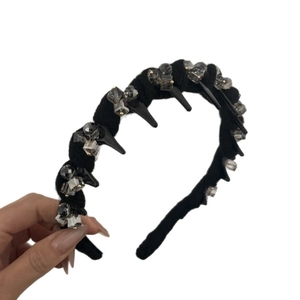 Gothic style black wool headband with grey crystals and punk spikes for women